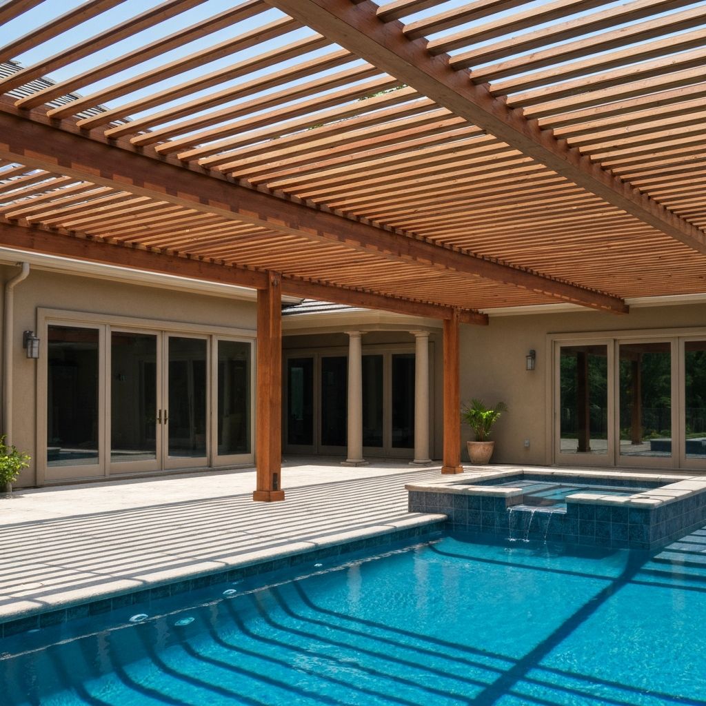 Modern louvered pergola over pool area